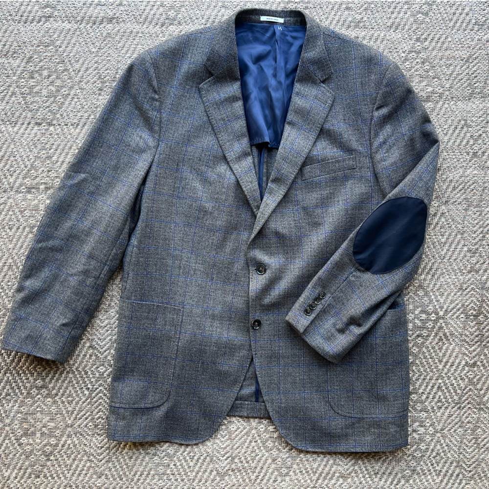 Peter Millar Wool Silk Windowpane Blazer Brown Blue‎ Elbow Patch Mens Sport Coat